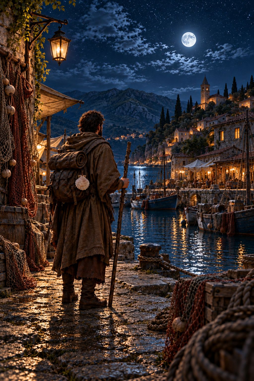 The pilgrim on a moonlit harbor quay, fishing nets drying on poles, boats moored in the bay